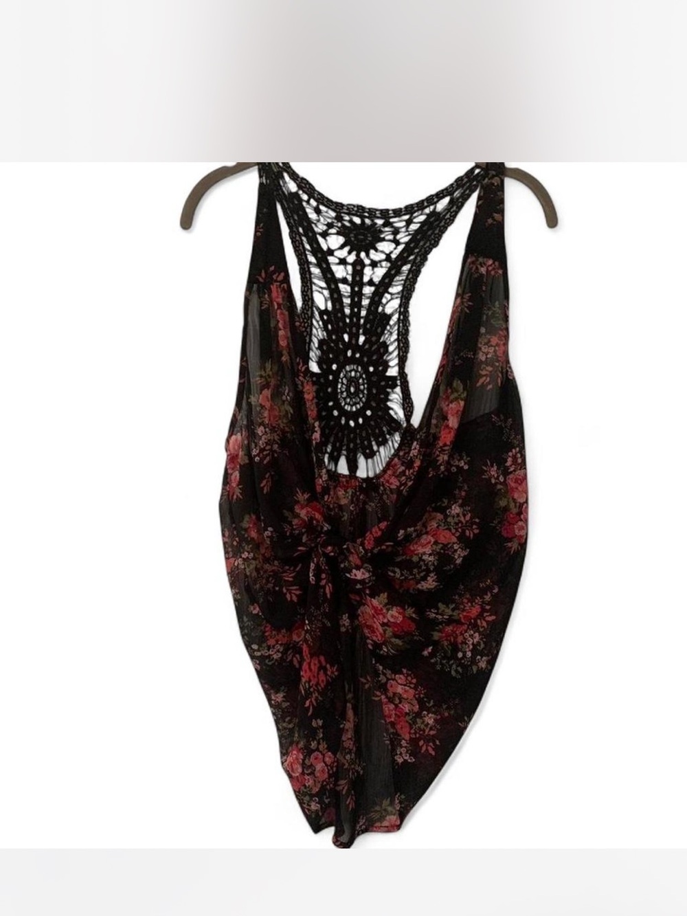 Fairycore Crochet Back Floral Tank Top - Black with Pink Floral size S